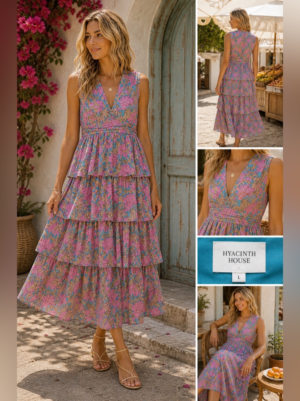 Hyacinth House Pink Floral Tiered Maxi Dress